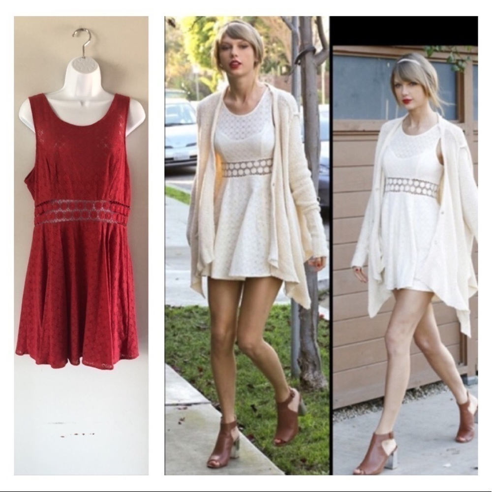 Free People Tibetian Red Daisy Lace Cutout Fit & Flare Skater Dress Taylor Swift